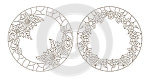 Contour set with illustrations of stained glass with floral framework