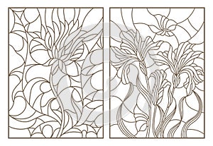 Contour set with illustrations of stained glass with flowers, thistles and irises with butterflies