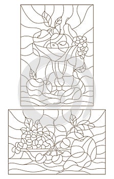 Contour set of illustrations of stained glass with fruit, still lifes photo