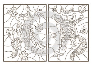 Contour set with illustrations of stained glass with funny cats, cat, Cup and scarf on the background of autumn leaves and restin