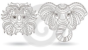Contour set with  illustrations of stained glass heads of an elephant and a lion, dark outlines on a white background