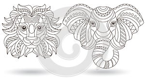Contour set with  illustrations of stained glass heads of an elephant and a lion, dark outlines on a white background photo