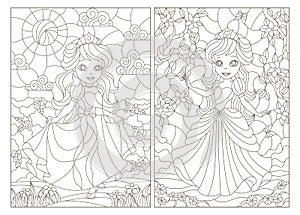 Contour set with  illustrations of stained glass with princesses on a background of flowers, dark contours on a white background