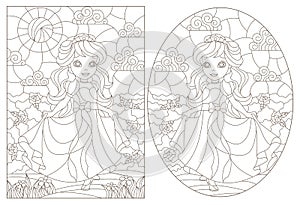 Contour set with illustrations of stained glass with princesses on a background of flowers, dark contours on a white background