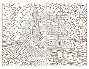 Contour set with illustrations of stained glass seascapes, lighthouses and ships
