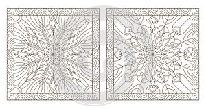 Contour set with illustrations of stained glass with snowflakes in the framework of, square image