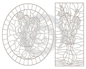 Contour set with illustrations of stained glass still lifes, bouquets of irises in vases, dark contours on a white background