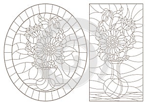 Contour set with  illustrations of stained glass still lifes, bouquets in vases, dark contours on a white background