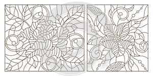 Contour set illustrations in the stained glass style, abstract flowers , dark outline on a white background