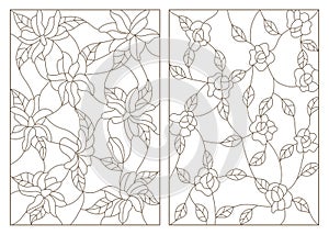 Contour set illustrations in the stained glass style, abstract flowers of roses and lilies, dark outline on a white background