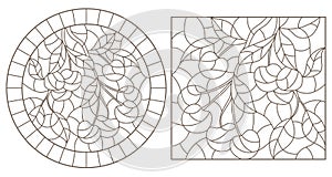 Contour set with  illustrations of stained glass style with a branch of cherry, dark contour on white background