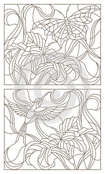 Contour set illustrations in the stained glass style butterfly and Hummingbird and Lily flower