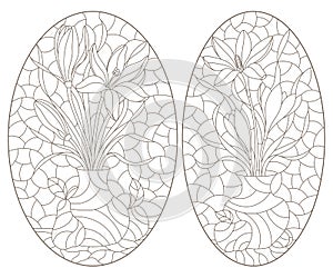 Contour set with  illustrations in a stained glass style with floral still lifes and fruits, dark outlines on a white background,