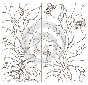 Contour set with illustrations in stained glass style with flower arrangements of tulips, dark contours on a white background