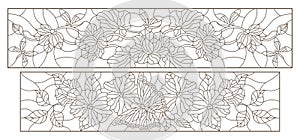 Contour set with illustrations in stained-glass style with flowers, butterflies and dragonflies, horizontal images, dark contours