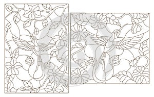 Contour set of illustrations in the stained glass style,Hummingbird on a background of flowers dark outline on a white background