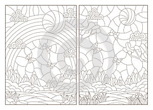 Contour set with  illustrations in stained glass style with landscapes, summer views with mountains, meadows and sky, dark outline