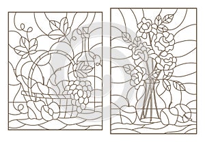 Contour set with illustrations in the stained glass style with still life , grapes, wine and bouquet of roses and fruit , dark ou