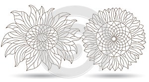 Contour set with illustrations in stained glass style with sunflower flowers, dark outlines isolated on a white background