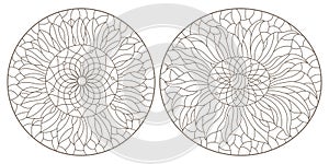 Contour set with  illustrations in stained glass style with sunflower flowers, dark outlines on a white background, oval images