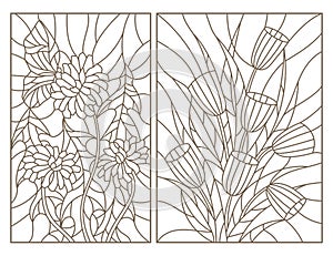 Contour set with illustrations in the stained glass style, tulips and Taraxacum, dark outline on a white background