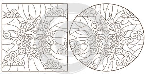 Contour set with illustrations of stained glass sun with face, oval and square image, dark outline on a white background , isolate