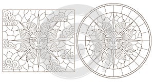 Contour set with   illustrations of stained glass sun with face, round and square image, dark outline on a white background , isol