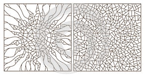 Contour set with illustrations of stained glass Windows with abstract cracked suns, dark contours on a white background