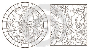 Contour set with illustrations of stained glass Windows with bees and flowers, round and rectangular images