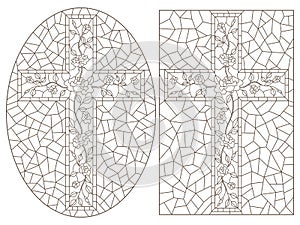 Contour set with   illustrations of stained glass Windows with Christian crosses decorated with roses, dark outlines on white back