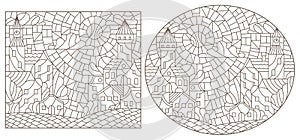 Contour set with   illustrations of the stained glass Windows with city scenery, darc contours on a white background