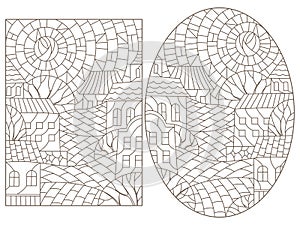 Contour set with   illustrations of the stained glass Windows with city scenery, darc contours on a white background