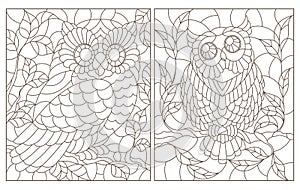 Contour set with  illustrations of stained glass Windows with cute cartoon owls on tree branches, dark outlines on a white backgro