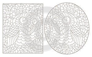 Contour set with  illustrations of stained glass Windows with cute cartoon owls on tree branches, dark outlines on a white backgro