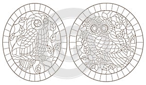 Contour set with illustrations of stained glass Windows with cute cartoon owls on tree branches, dark outlines on a white backgrou