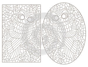 Contour set with illustrations of stained glass Windows with cute cartoon owls on tree branches, dark outlines on a white backgrou