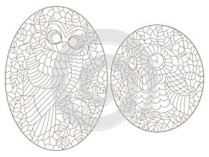 Contour set with illustrations of stained glass Windows with cute cartoon owls on tree branches, dark outlines on a white backgrou