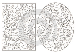 Contour set with illustrations of stained glass Windows with cute cartoon owls on tree branches, dark outlines on a white backgrou