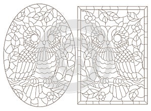 Contour set with illustrations of stained glass Windows with cute cartoon owls on tree branches, dark outlines on a white backgrou