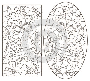 Contour set with illustrations of stained glass Windows with cute cartoon owls on tree branches, dark outlines on a white backgrou