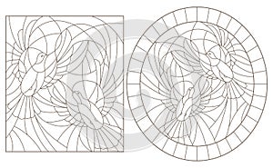 Contour set with illustrations of the stained glass Windows with doves, dark outlines on white background, rectangular and oval i