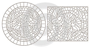 Contour set with  illustrations of the stained glass Windows with doves, dark outlines on white background, rectangular and oval i