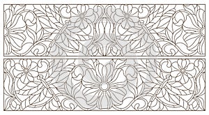 Contour set with illustrations of stained glass Windows with dragonflys and flowers, dark contours on a white background