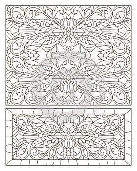 Contour set with illustrations of stained glass Windows with dragonflys and flowers, dark contours on a white background