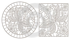 Contour set with illustrations of stained glass Windows with dragonflys and flowers, round and rectangular images