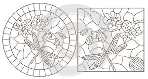 Contour set with illustrations of stained glass Windows with dragonflys and orchids, round and rectangular images