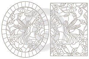 Contour set with  illustrations of stained glass Windows with fairies on a background of colors , dark contours on a white backgro