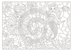 Contour set with  illustrations of stained glass Windows with fairy-tale characters, mermaid and fairy, dark contours on a white b