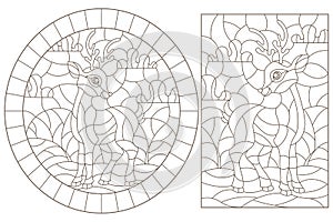 Contour set with   illustrations of stained glass Windows with fawns on a background of meadows and sky, dark outlines on a white