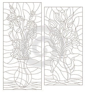 Contour set with illustrations of stained glass Windows with floral still lifes, bouquets of irises and tulips in vases, dark con